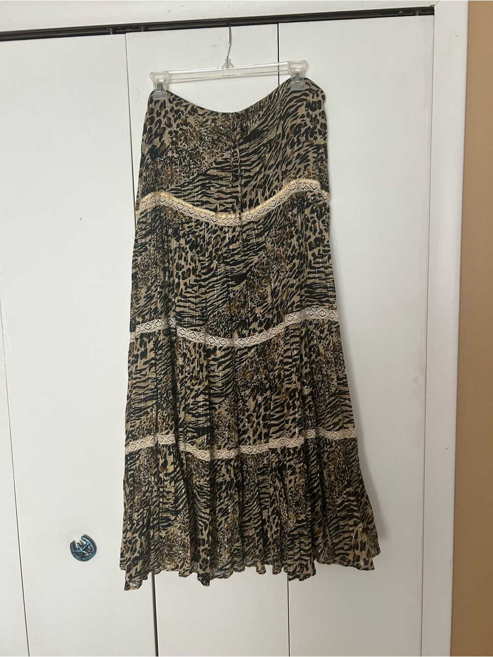 Tiered Animal-Print Maxi Skirt in Beige and Black with Lace Trim